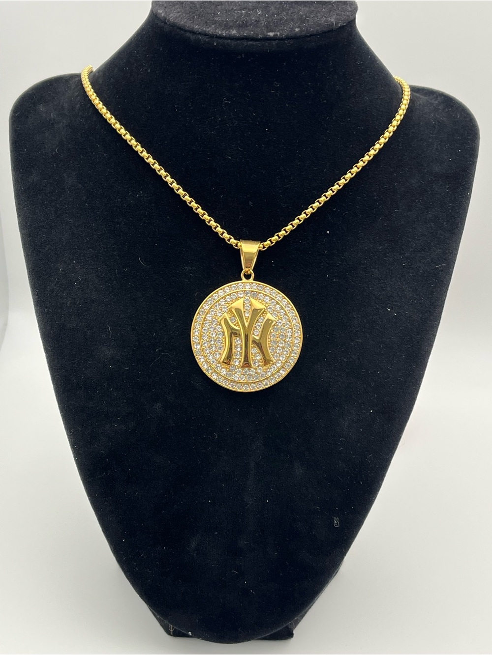 24” Gold over Stainless Steel Iced Out w/ CZ’s NY Pendant w/ Rollo Chain
